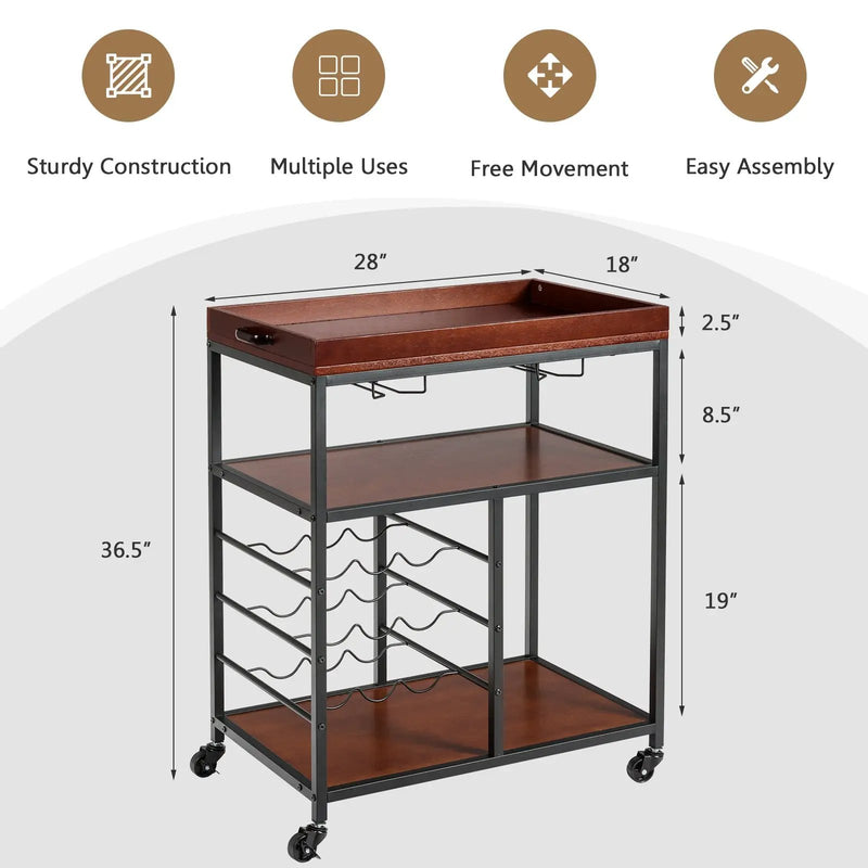 3 Tiers Storage Bar Serving Cart with Wine Rack by DirectDeals