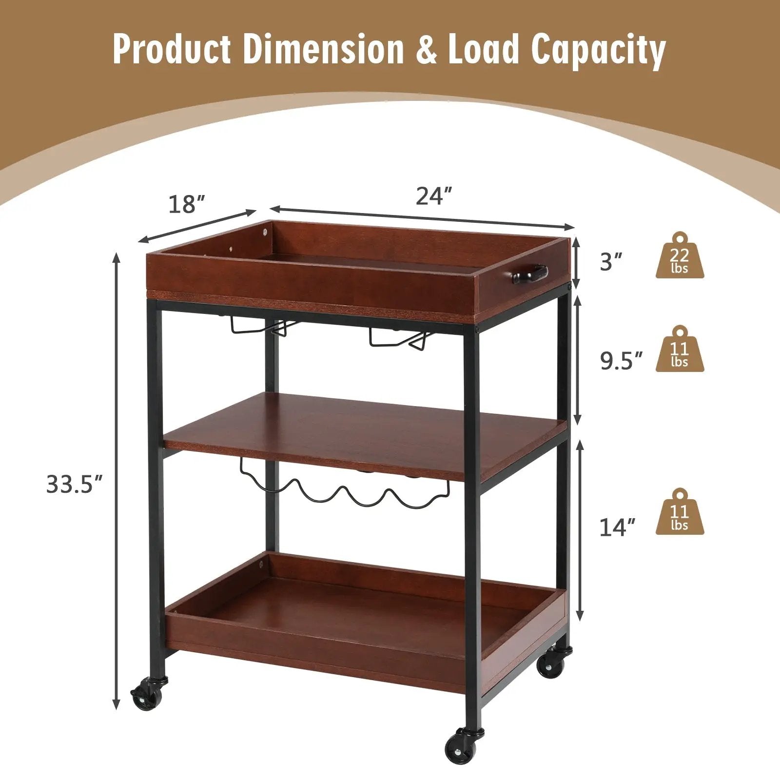 3 Tiers Kitchen Island Serving Bar Cart with Glasses Holder and Wine Bottle Rack by DirectDeals
