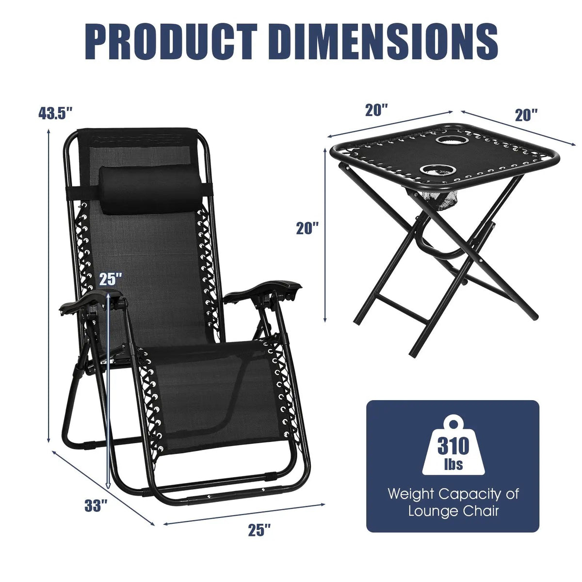 3 Pieces Folding Portable Zero Gravity Reclining Lounge Chairs Table Set by DirectDeals