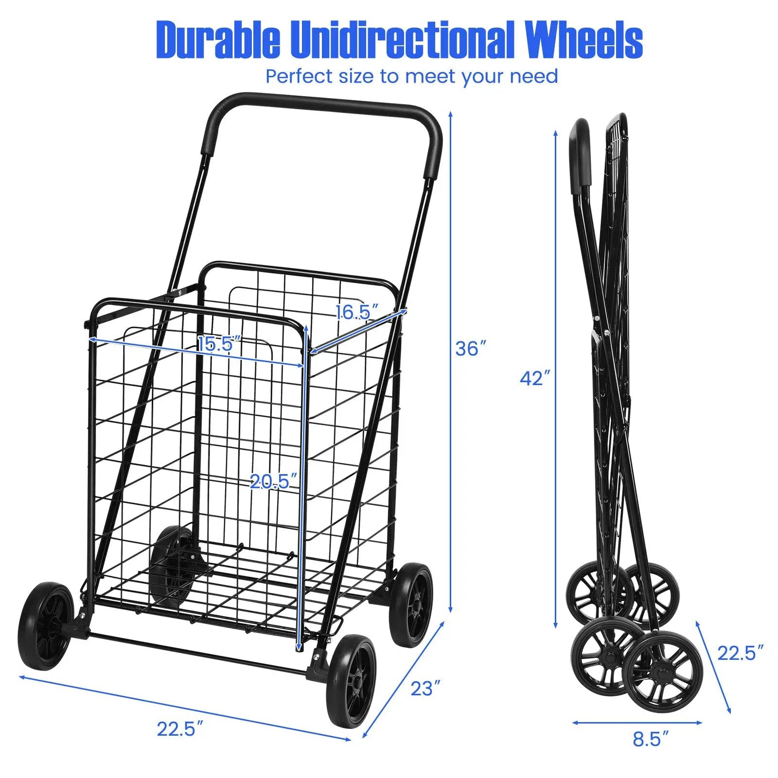 Portable Folding Shopping Cart Utility for Grocery Laundry-Black by DirectDeals