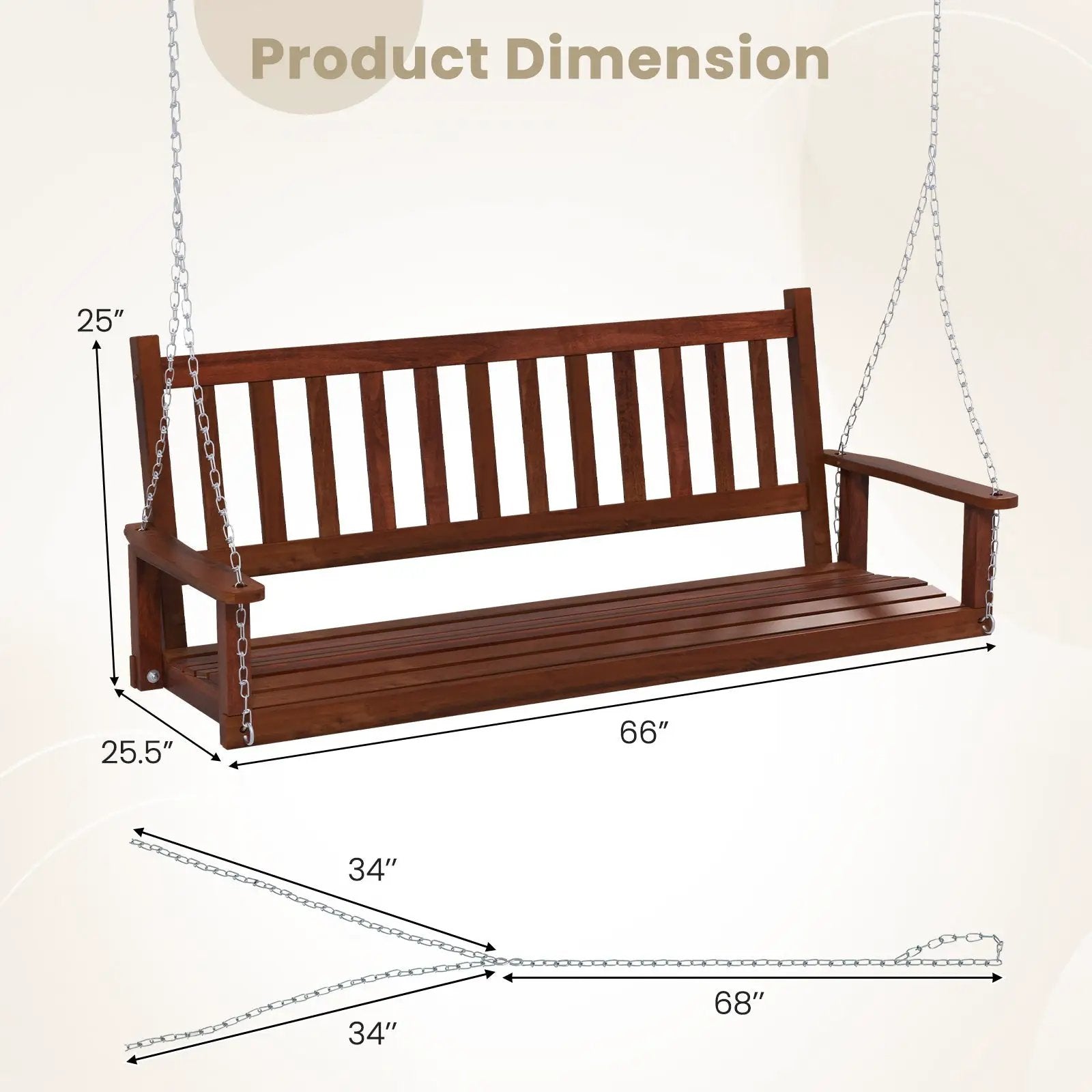 3-Person Wooden Outdoor Porch Swing with 800 lbs Weight Capacity by DirectDeals