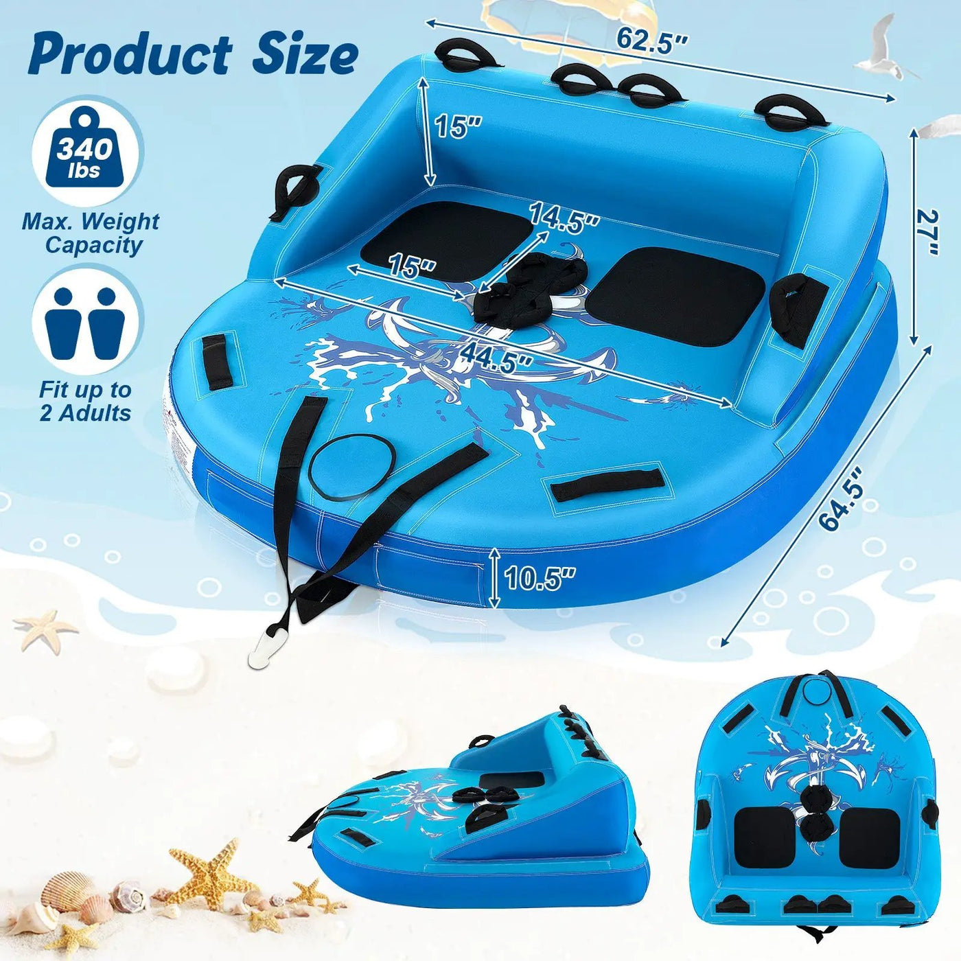 2 Person Water Sport Inflatable Towable Tubes for Boating by DirectDeals