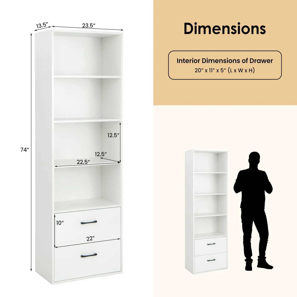 6-Tier Tall Freestanding Bookshelf with 4 Open Shelves and 2 Drawers by DirectDeals