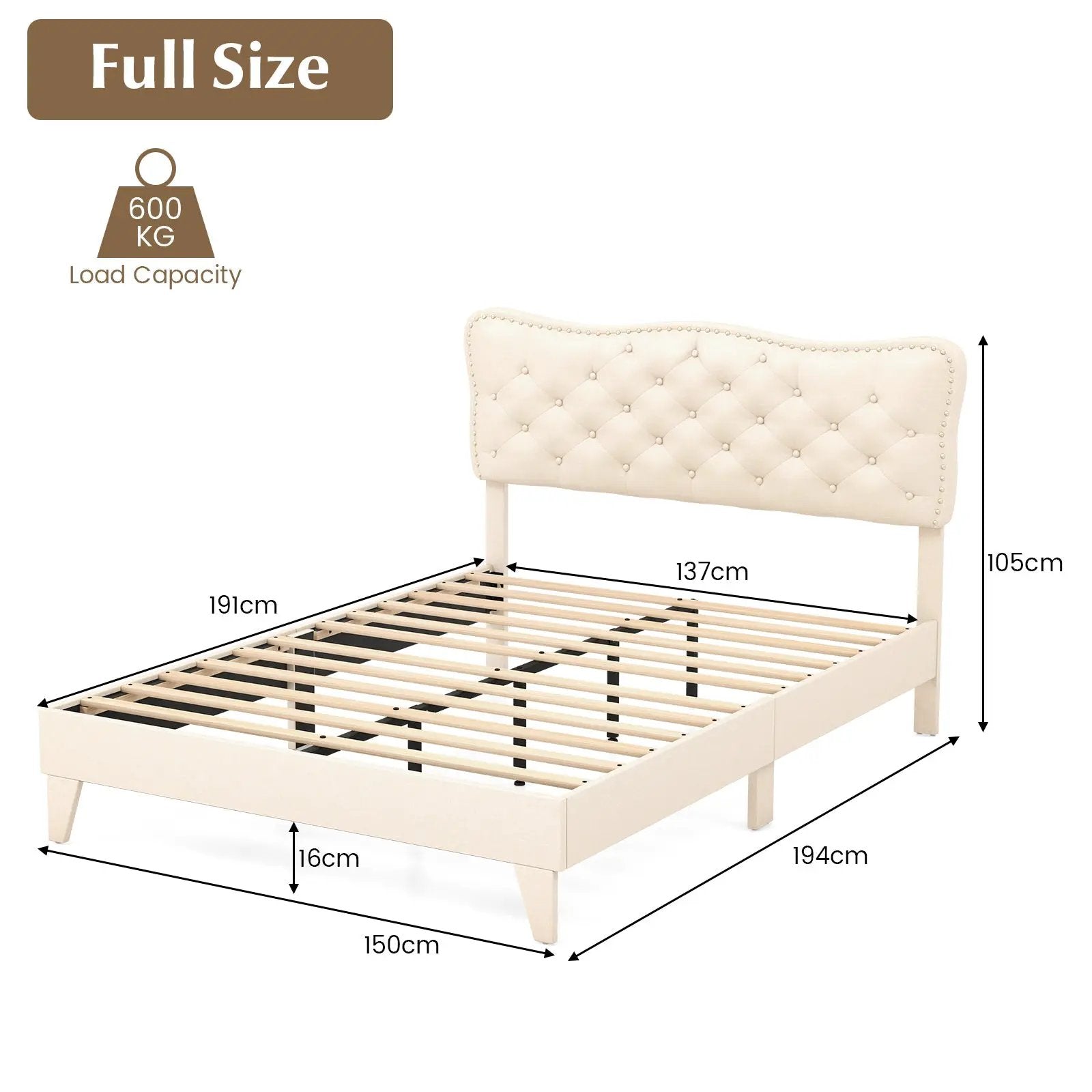 Full Size Bed Frame with Nail Headboard and Wooden Slats by DirectDeals