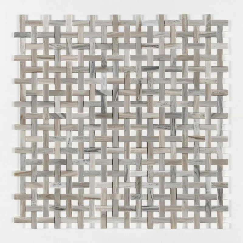 Skyline, Snow White Polished Basket Weave 1x3 Marble Mosaics 12x12 by Stonetiledepot