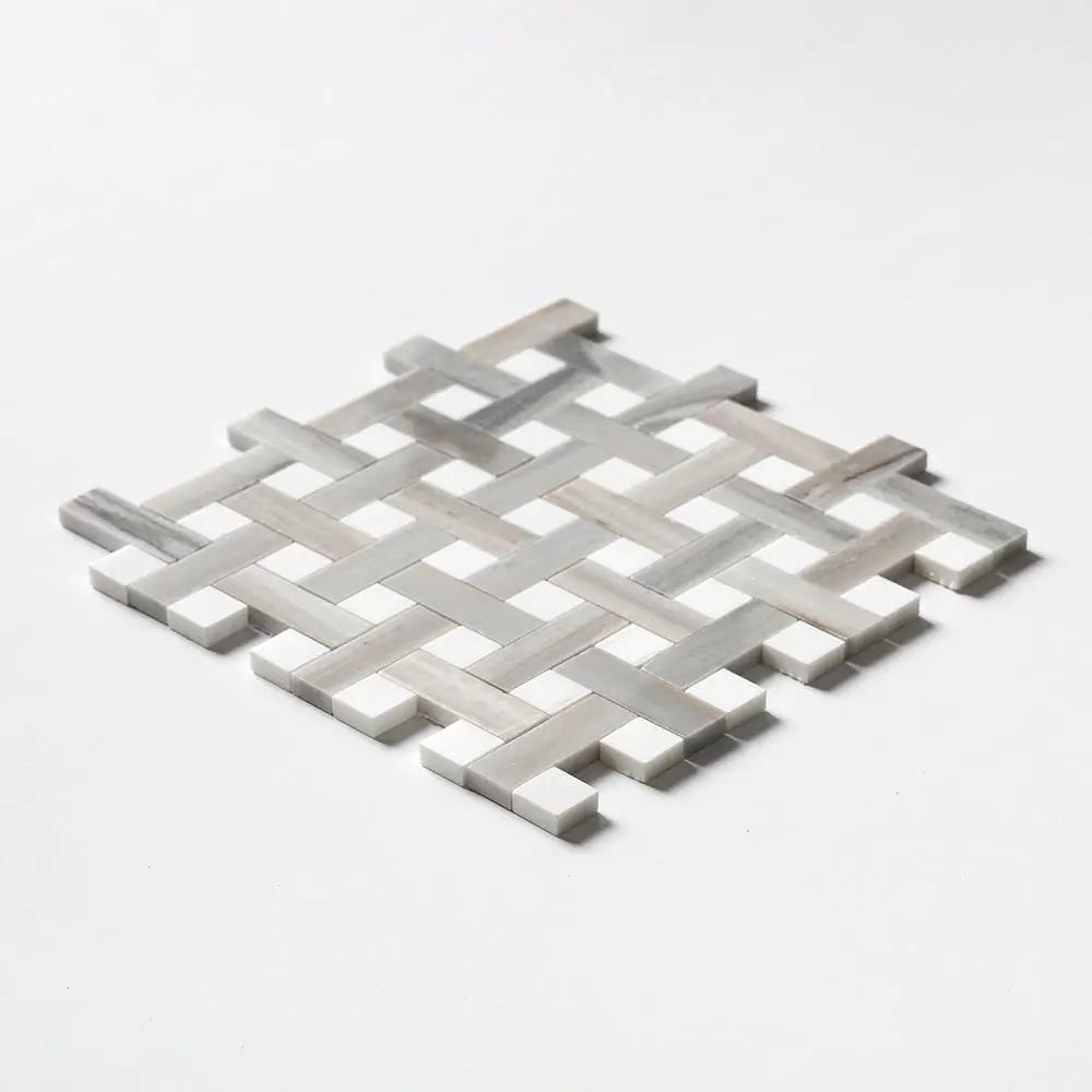 Skyline, Snow White Polished Basket Weave 1x3 Marble Mosaics 12x12 by Stonetiledepot