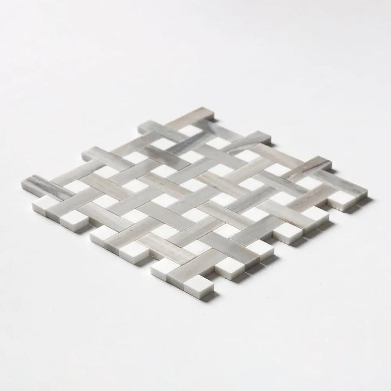Skyline, Snow White Polished Basket Weave 1x3 Marble Mosaics 12x12 by Stonetiledepot