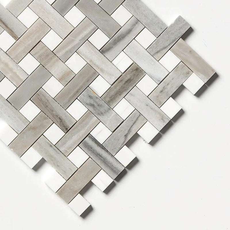 Skyline, Snow White Polished Basket Weave 1x3 Marble Mosaics 12x12 by Stonetiledepot