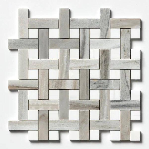 Skyline, Snow White Polished Basket Weave 1x3 Marble Mosaics 12x12