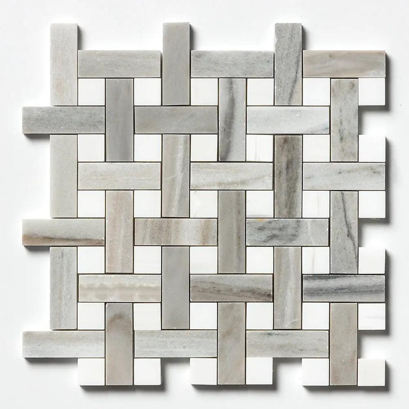 Skyline, Snow White Polished Basket Weave 1x3 Marble Mosaics 12x12 by Stonetiledepot