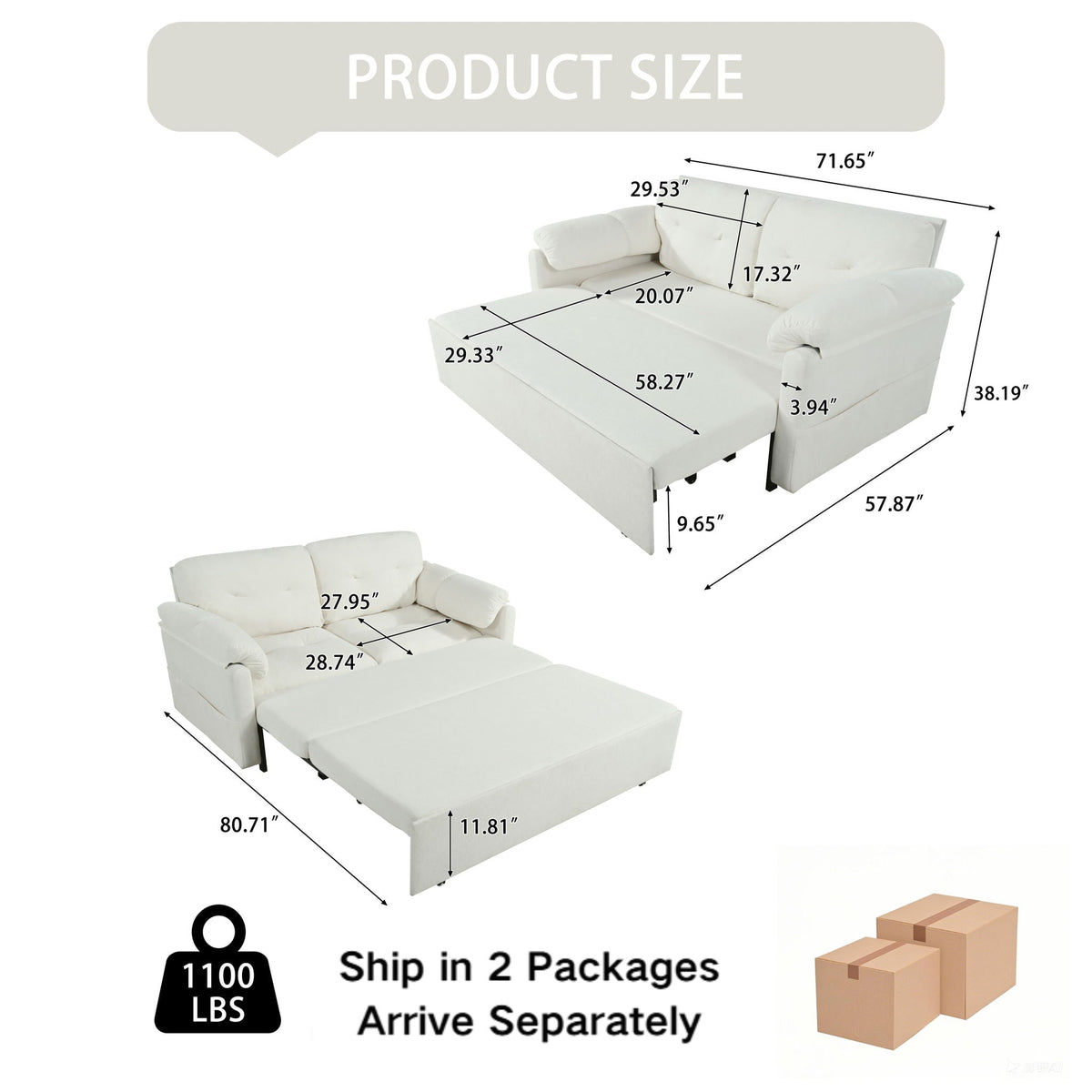 Convertible Pull Out Sofa Bed Queen Size with Side Storage - Fabric, Modern, photo 10 of 12