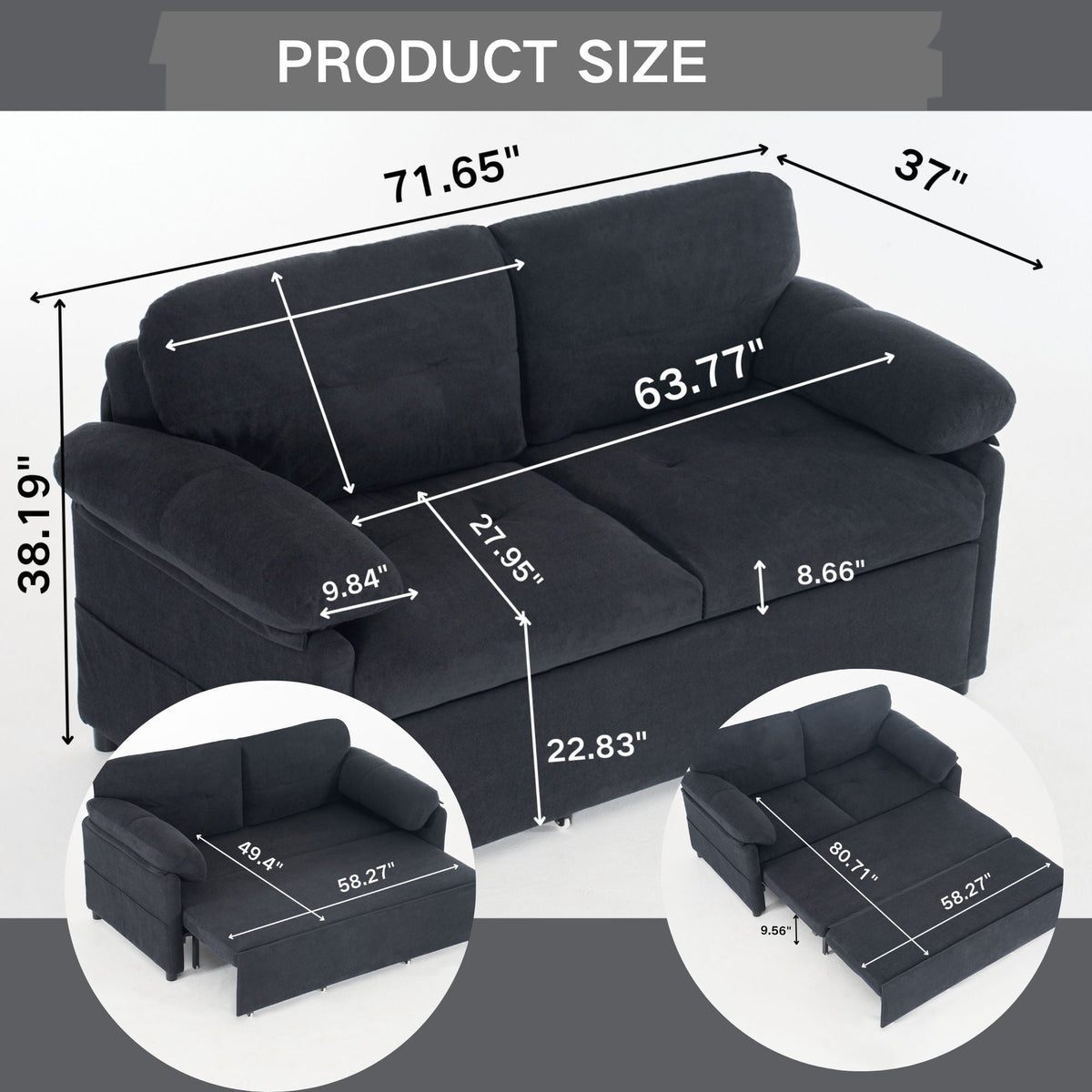 Convertible Pull Out Sofa Bed Queen Size with Side Storage - Fabric, Modern, photo 7 of 12