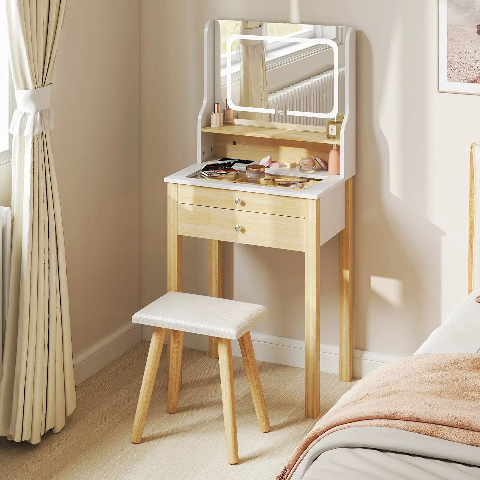 Small Vanity Desk Set with Adjustable LED Lighted Mirror and Power Outlets-White by DirectDeals