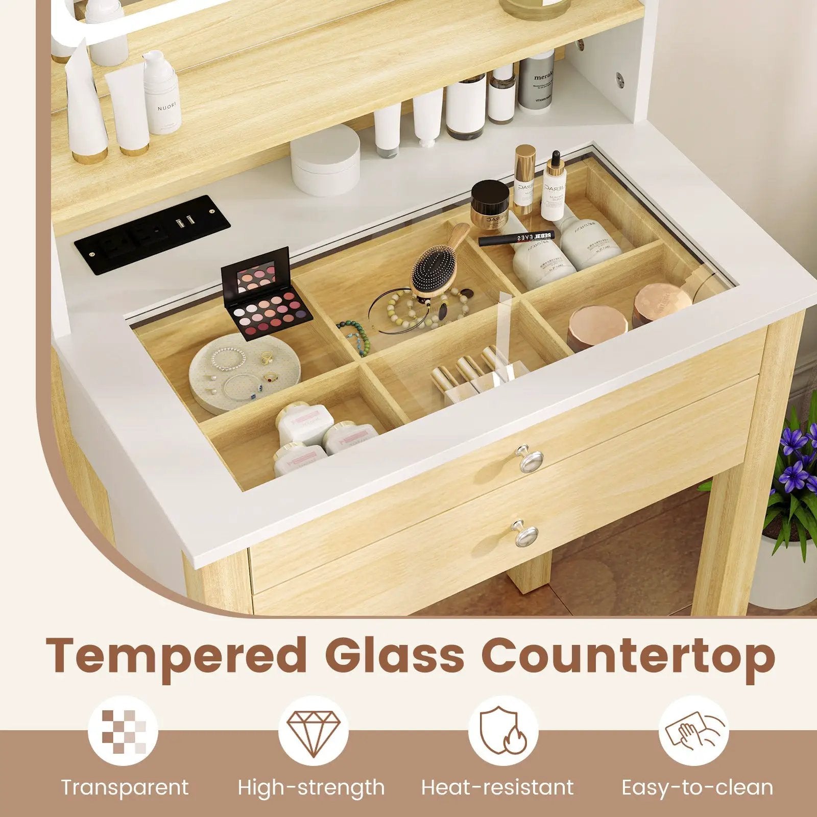 Small Vanity Desk Set with Adjustable LED Lighted Mirror and Power Outlets-White by DirectDeals