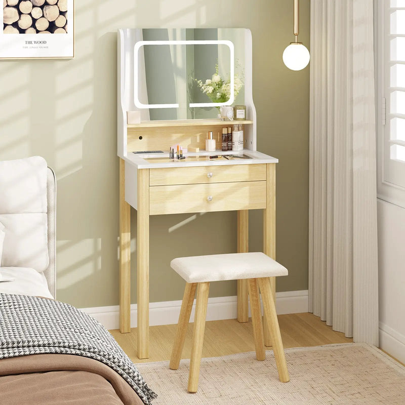 Small Vanity Desk Set with Adjustable LED Lighted Mirror and Power Outlets-White by DirectDeals