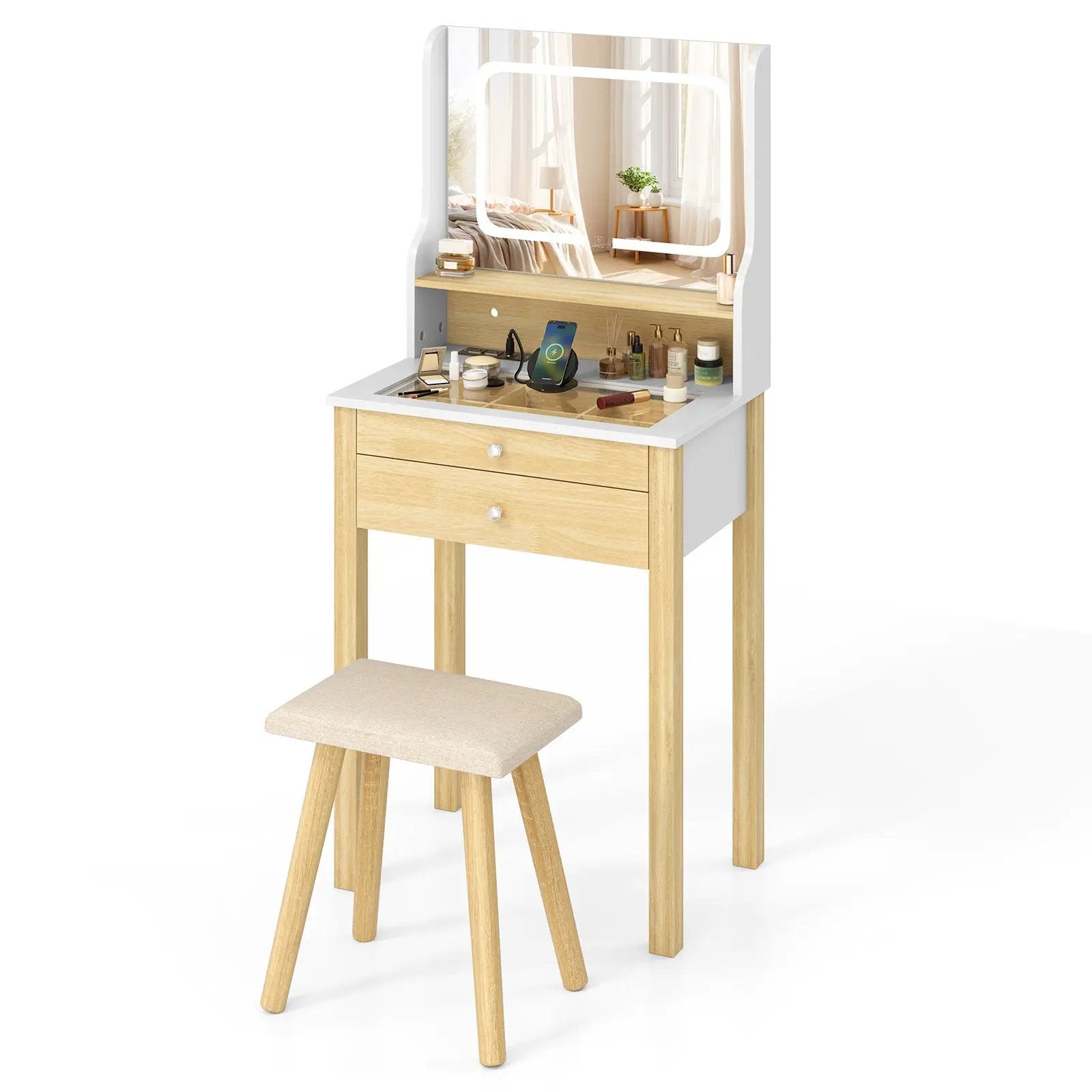 Small Vanity Desk Set with Adjustable LED Lighted Mirror and Power Outlets-White by DirectDeals