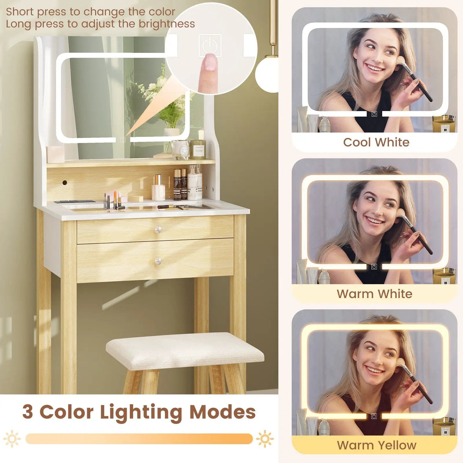 Small Vanity Desk Set with Adjustable LED Lighted Mirror and Power Outlets-White by DirectDeals