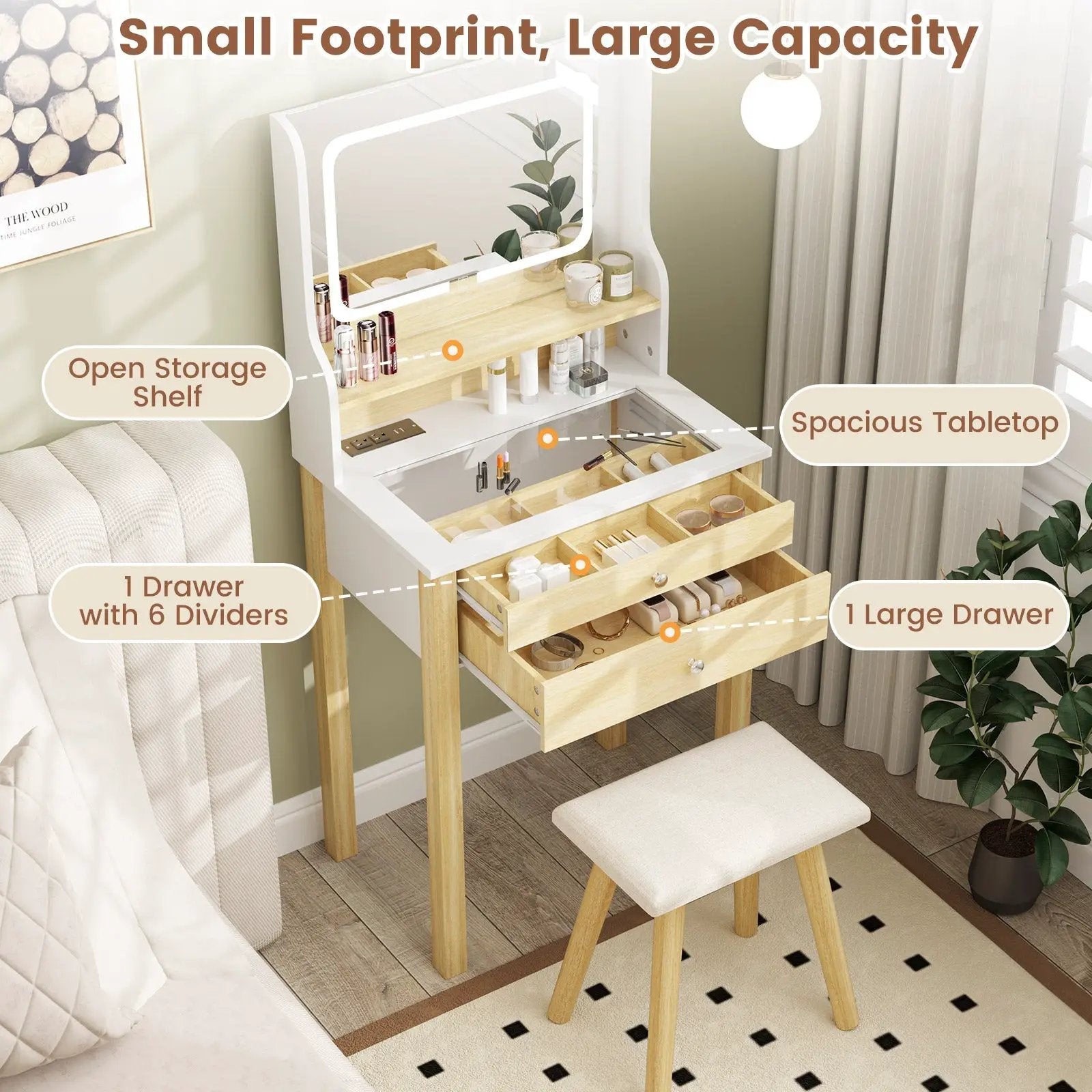 Small Vanity Desk Set with Adjustable LED Lighted Mirror and Power Outlets-White by DirectDeals