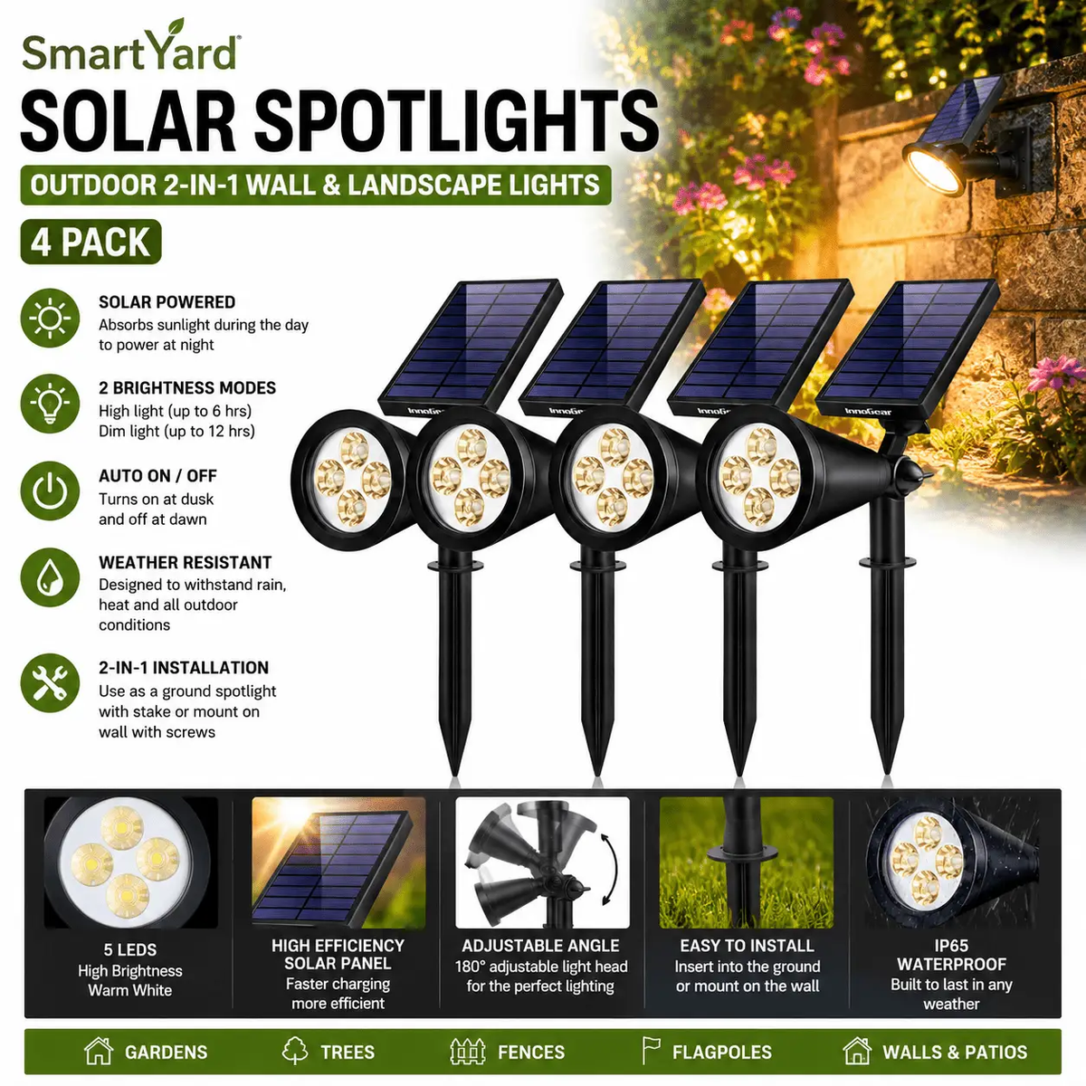 SmartYard Solar SpotLights Outdoor, Waterproof Solar Powered Landscape 2-in-1 Wall Light Auto On/Off , Pack of 4 by Outdoor Solar Outlet