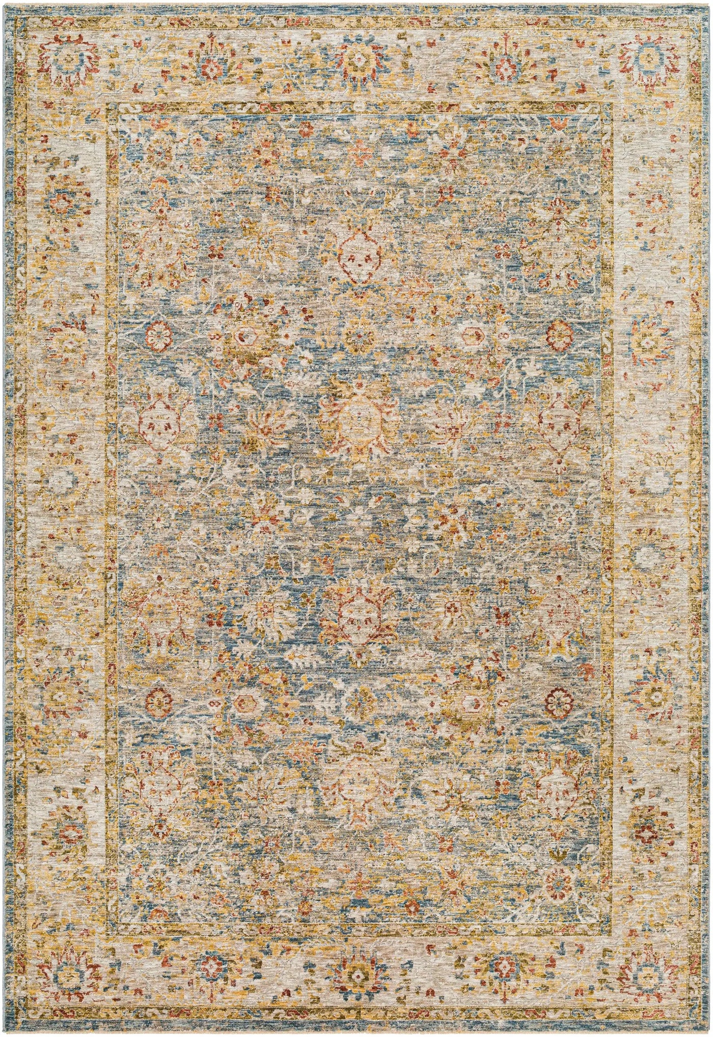 Duong Beige & Blue Textured Rug with Fringes by Boutique Rugs