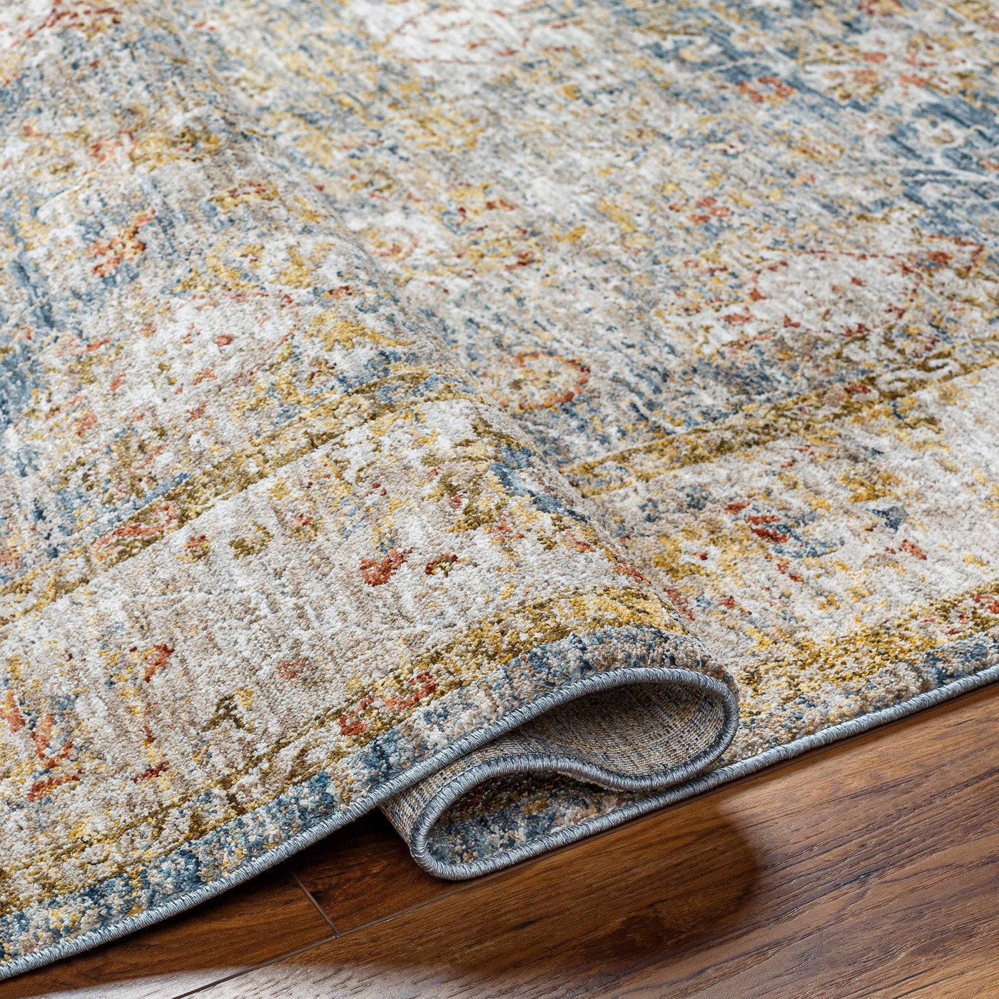 Duong Beige & Blue Textured Rug with Fringes by Boutique Rugs