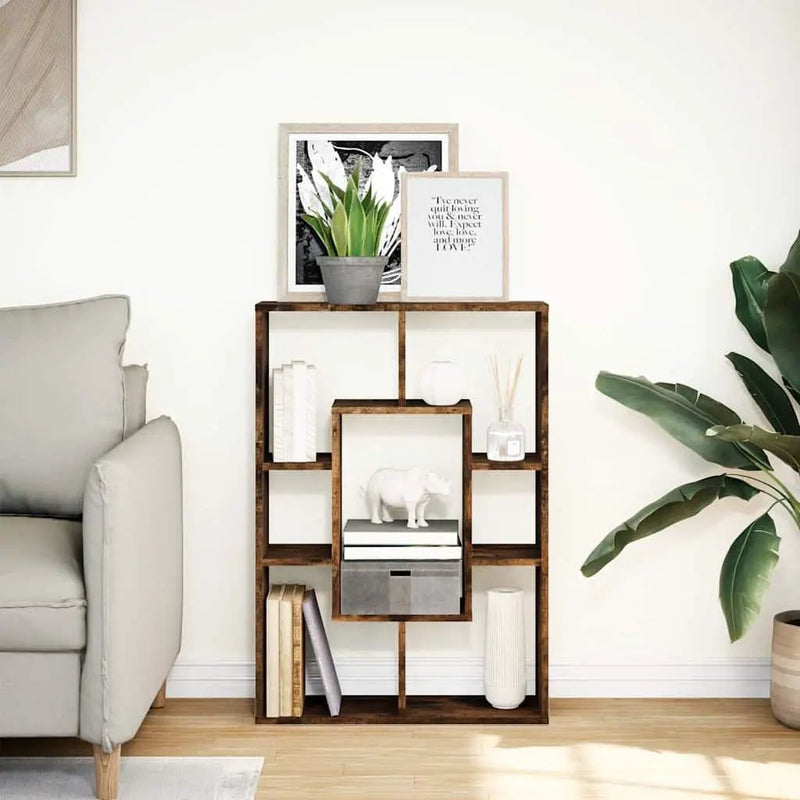 Smoked Oak Multi-Layered Wooden Bookcase Storage Shelving Unit by House Of Avana