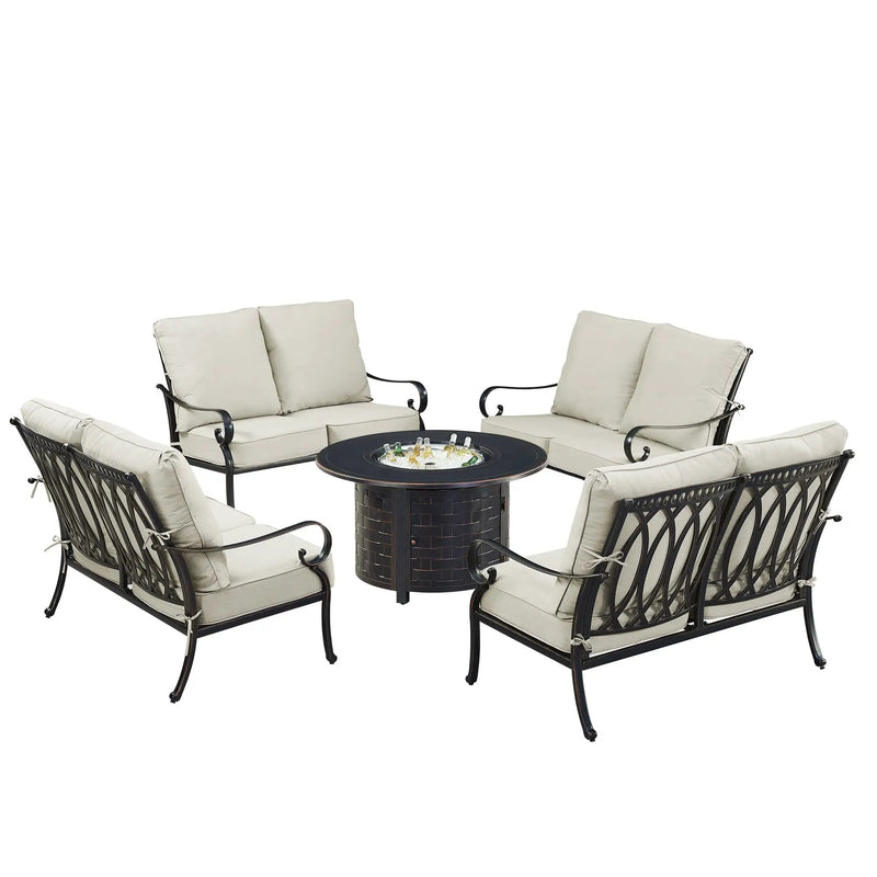 Black Aluminum Fire Table Set with Four Deep Seating Loveseats by Sharicks