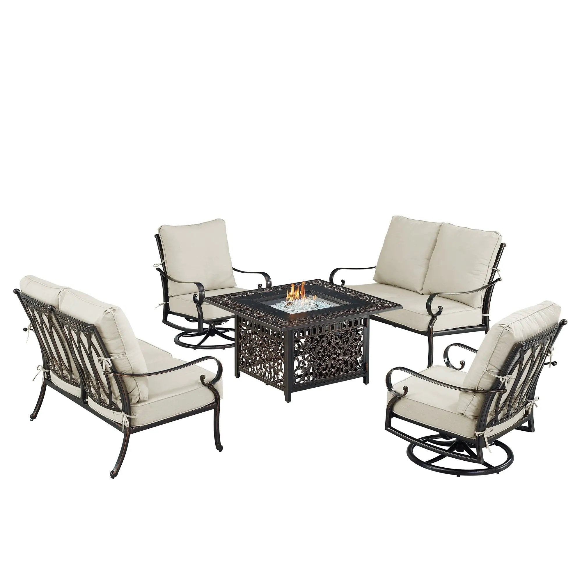 Black Aluminum Fire Table Set with Two Loveseats and Two Club Chairs by Sharicks