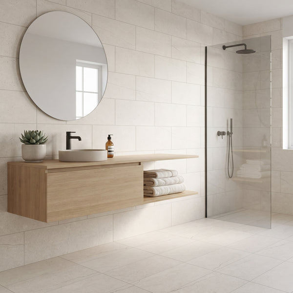 Modern bathroom vanity setup with a light wood floating cabinet, white vessel sink, round wall mirror, and open shelf with folded towels, shown in a bright tiled bathroom with a glass shower enclosure.