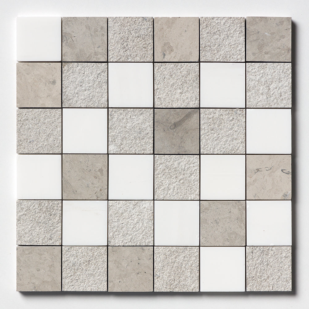Snow Whi And Brit 2x2 Textured 3/8 Limestone Textured 12x12 Mosaics