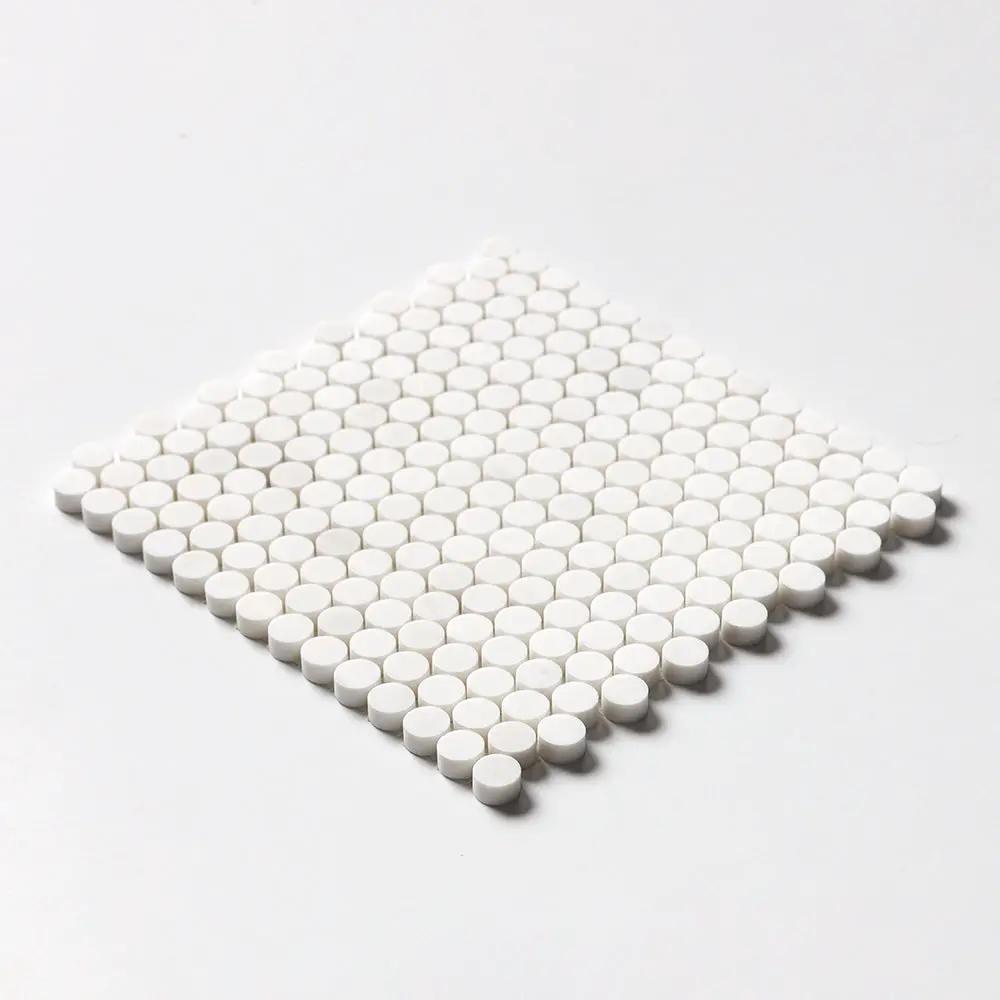 Snow White, Bianco Dolomiti Honed Penny Round Marble Mosaics 11 1/4x11 3/4 closeup 2