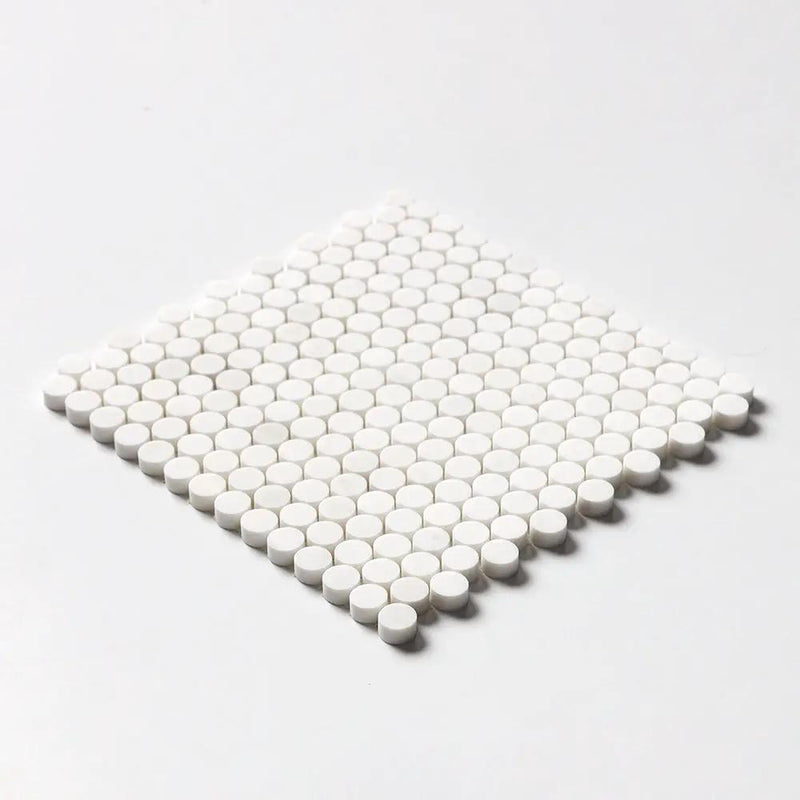 Snow White, Bianco Dolomiti Honed Penny Round Marble Mosaics 11 1/4x11 3/4 closeup 2