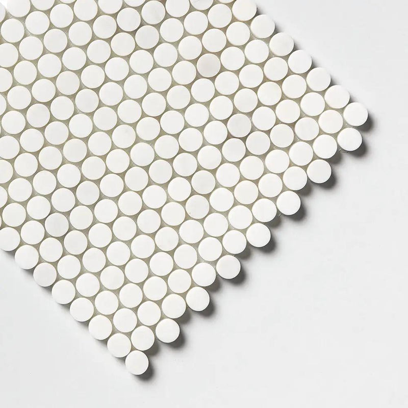 Snow White, Bianco Dolomiti Honed Penny Round Marble Mosaics 11 1/4x11 3/4 closeup 3