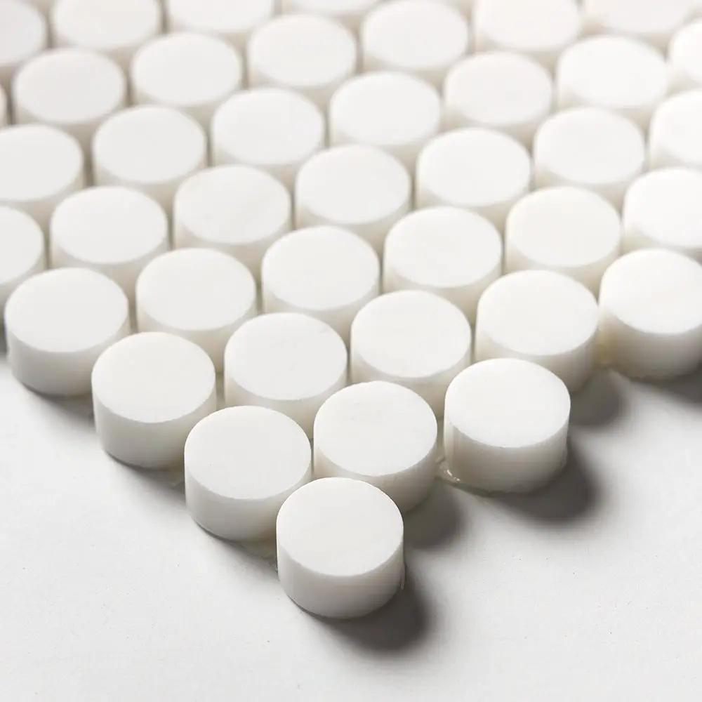 Snow White, Bianco Dolomiti Honed Penny Round Marble Mosaics 11 1/4x11 3/4 closeup 4