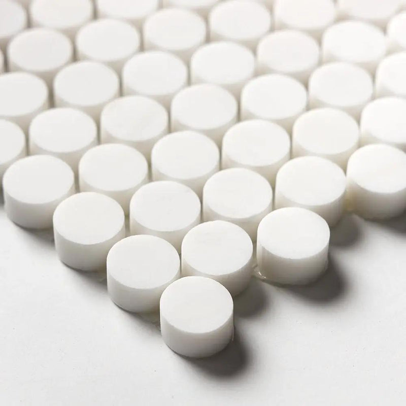 Snow White, Bianco Dolomiti Honed Penny Round Marble Mosaics 11 1/4x11 3/4 closeup 4