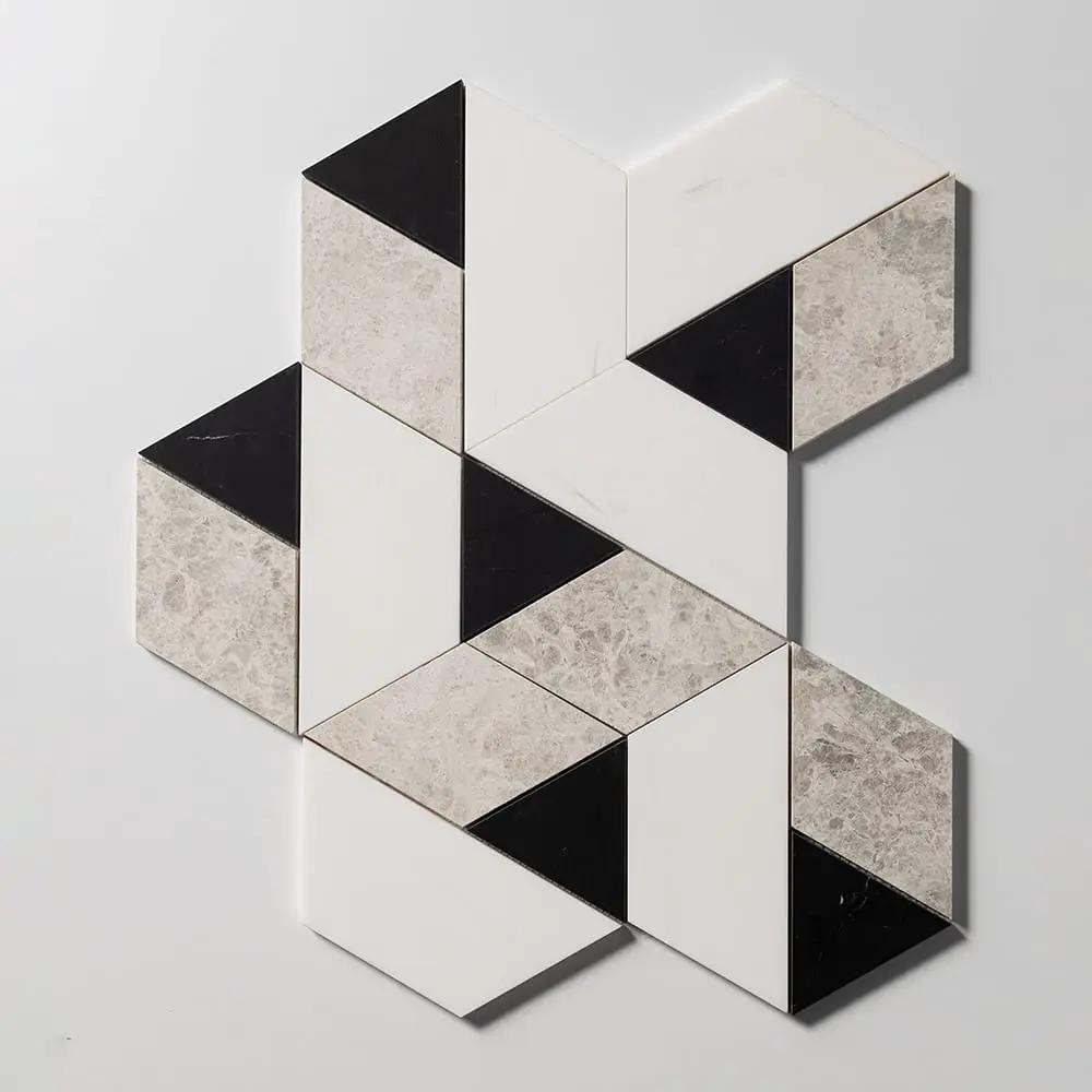 Snow White, Black, Silver Shadow Honed Prismatic Blend Marble Mosaics 8x9 1/16 by Stonetiledepot