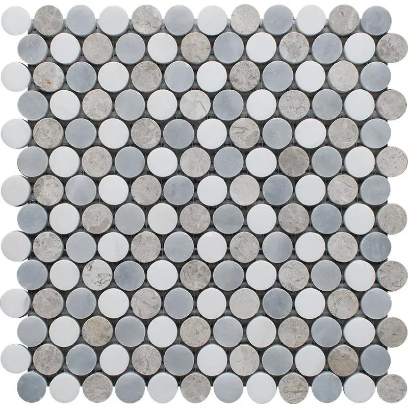 Snow White, Silver Shadow, Allure Light Multi Finish Penny Round 6 Marble Mosaics 10 1/16x11 13/16