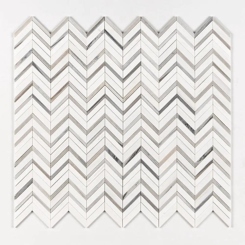 Snow White, Skyline Honed Chevron Fusion Waterjet Marble Mosaics 16x11 7/8 by Stonetiledepot