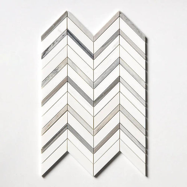 Snow White, Skyline Honed Chevron Fusion Waterjet Marble Mosaics 16x11 7/8