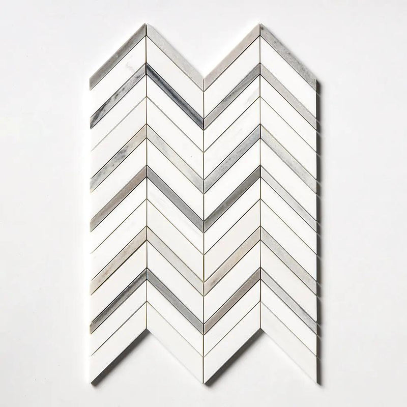 Snow White, Skyline Honed Chevron Fusion Waterjet Marble Mosaics 16x11 7/8 by Stonetiledepot