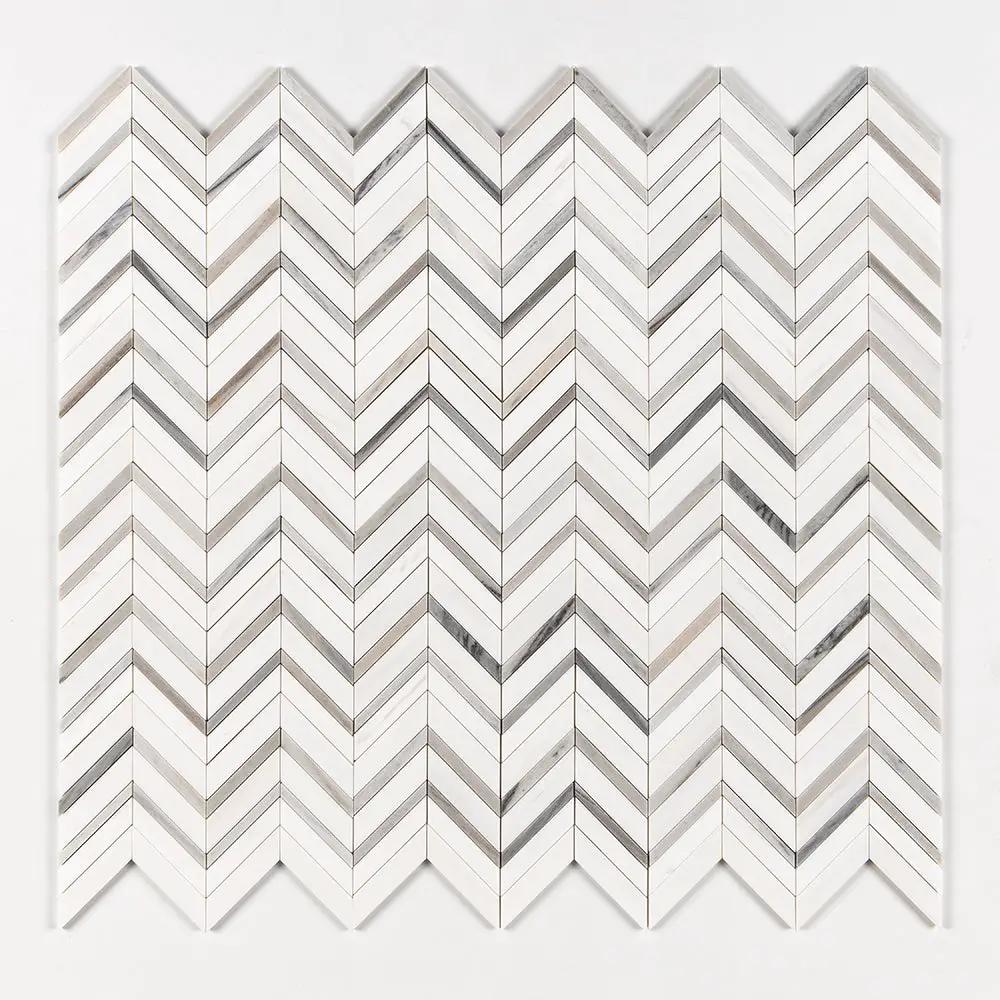 Snow White, Skyline Polished Chevron Fusion Waterjet Marble Mosaics 16x11 7/8 by Stonetiledepot