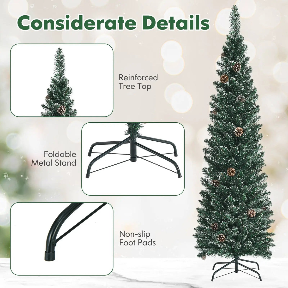 Snowy Artificial Pencil Christmas Tree with Pine Cones by DirectDeals