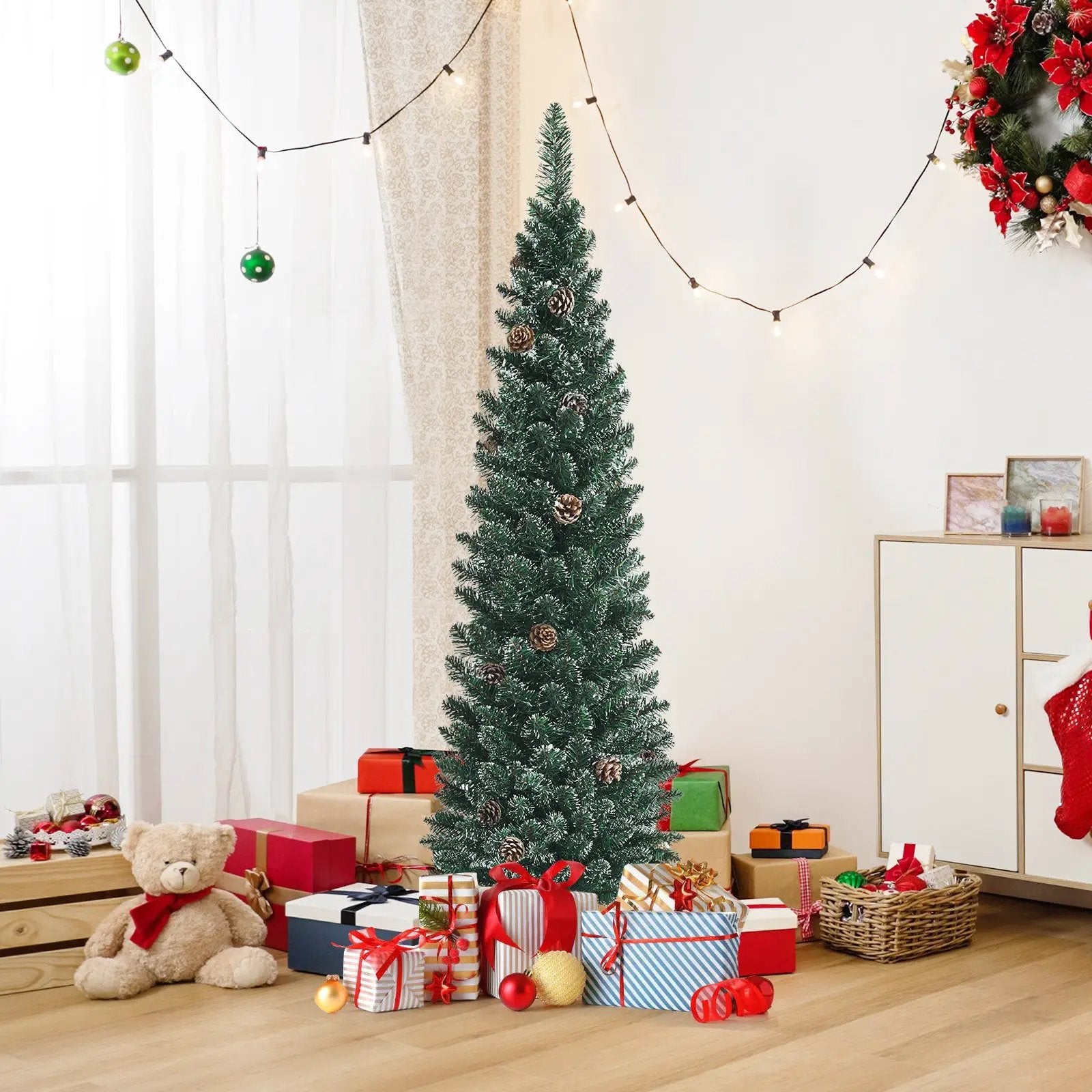 Snowy Artificial Pencil Christmas Tree with Pine Cones by DirectDeals