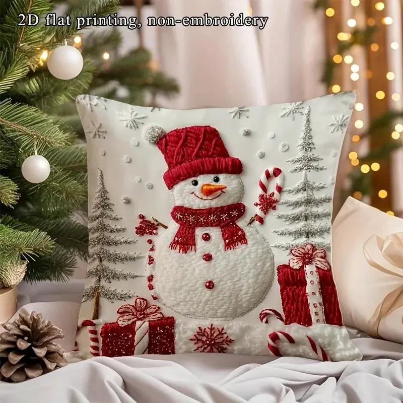 Soft Cushion Christmas Throw Pillow Cover - Red & White Snowman with Zipper Closure by House Of Avana