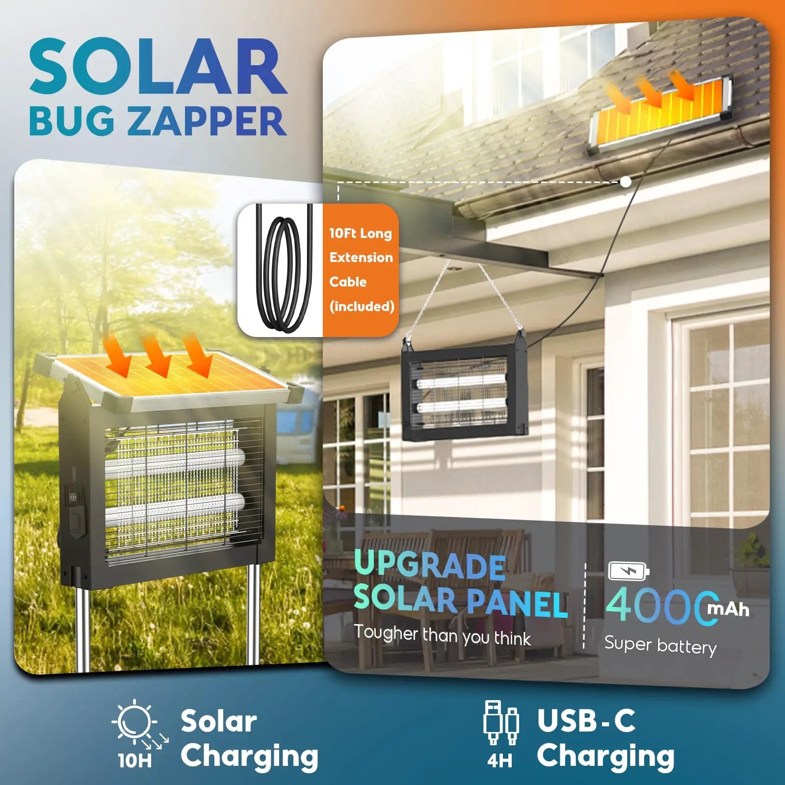Solar Bug Zapper Outdoor, Wireless Portable Camping Mosquito Zapper 4500V For 3500 Sq.ft with Panel Sensor, Fly Traps with 10FT Extension Cord by Outdoor Solar Outlet