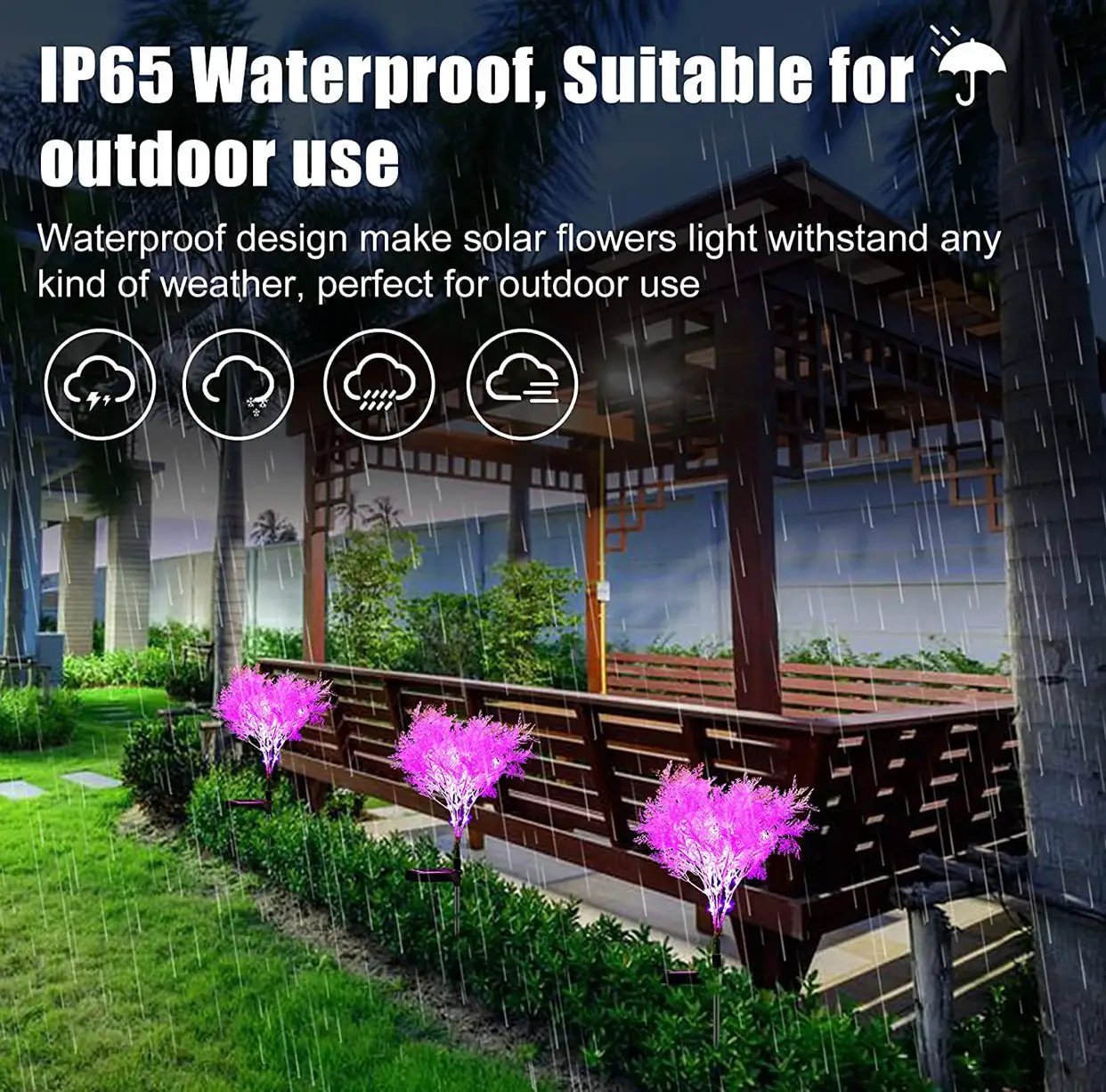 Solar Flowers Pink Rime Flower Design, Solar Powered Flowers Light Dusk to Dawn 2-Pack by Outdoor Solar Outlet