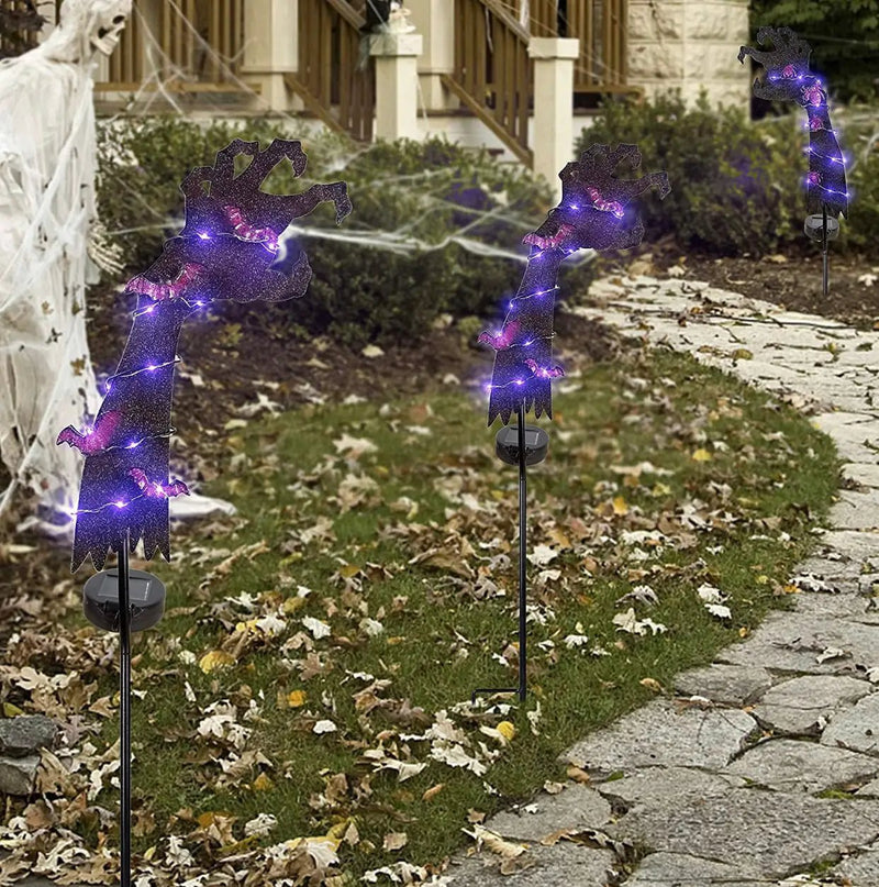 Solar Halloween Yard Decorations, Outdoor LED Solar Powered Ghost Hand Halloween Pathway Lights, Metal Garden Stakes Lawn Yard Ornament, Set of 2 by Outdoor Solar Outlet