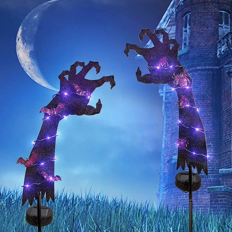 Solar Halloween Yard Decorations, Outdoor LED Solar Powered Ghost Hand Halloween Pathway Lights, Metal Garden Stakes Lawn Yard Ornament, Set of 2 by Outdoor Solar Outlet