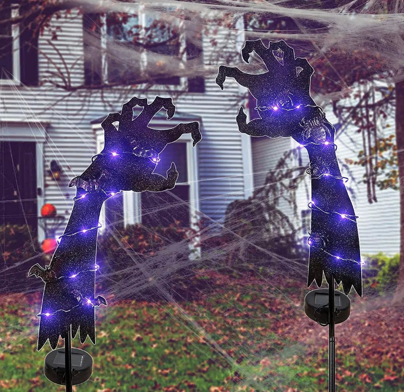 Solar Halloween Yard Decorations, Outdoor LED Solar Powered Ghost Hand Halloween Pathway Lights, Metal Garden Stakes Lawn Yard Ornament, Set of 2 by Outdoor Solar Outlet