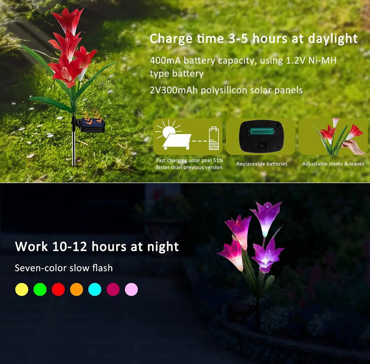 Solar Lily Flower Lights (Pack of 4 = 16 Flowers) by Outdoor Solar Outlet